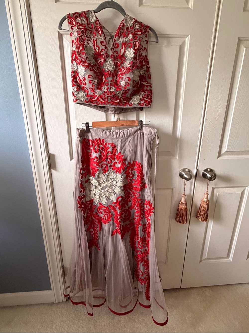 Brand New Red and Silver Embroidered Women's Two-Piece Lahenga Set